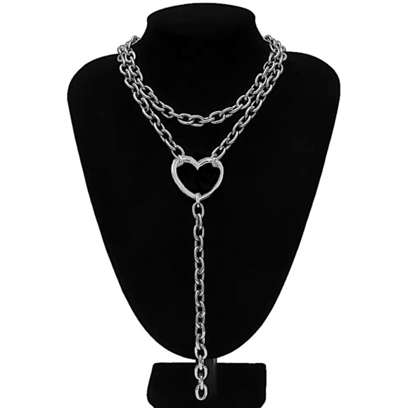 Silver Chunky Chain Link Heart Statement Punk Necklace - Picture 1 of 4